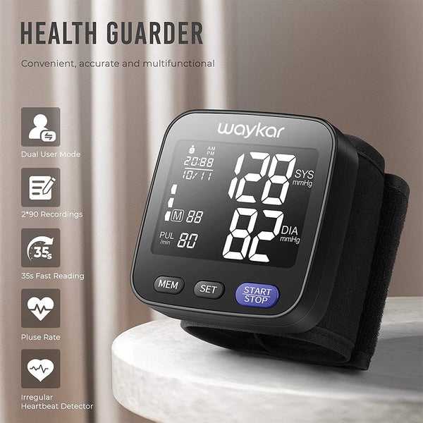 Waykar Wrist Blood Pressure Monitor, Home Wrist Automatic Digital Blood Pressure Machine Cuff, 2 * 90 Reading Memory Dual Users Mode with 2 AAA Battery and Portable Carrying Case