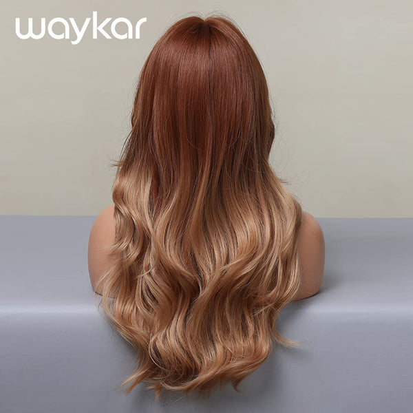 Waykar Strawberry Blonde Wigs Long Curly Wigs for Women Synthetic Wig Heat Resistant Wigs with Bangs