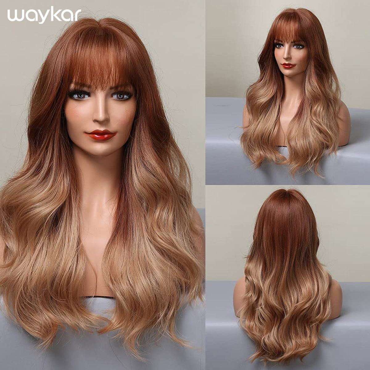 Waykar Strawberry Blonde Wigs Long Curly Wigs for Women Synthetic Wig Heat Resistant Wigs with Bangs