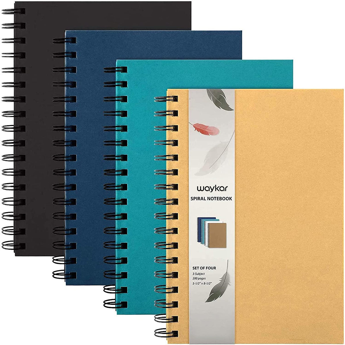 Waykar 4 Pack Ruled Spiral Notebook, A5 Spiral Journal, Hardcover College Ruled Notebooks, 3 Subject with Removable Dividers, 4 Assorted Colors, 5.5"x8.5", for Work, School Supplies, Gifts