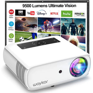 Waykar Native 1080P Projector Full HD, 9,500 Lux Movie Projector with 150,000 Hours LED Lamp Life, Support 4K 350" Home Outdoor Projector for Smartphone/ PC/ Laptop/ PS4/ TV Stick/ EXCEL/ PPT