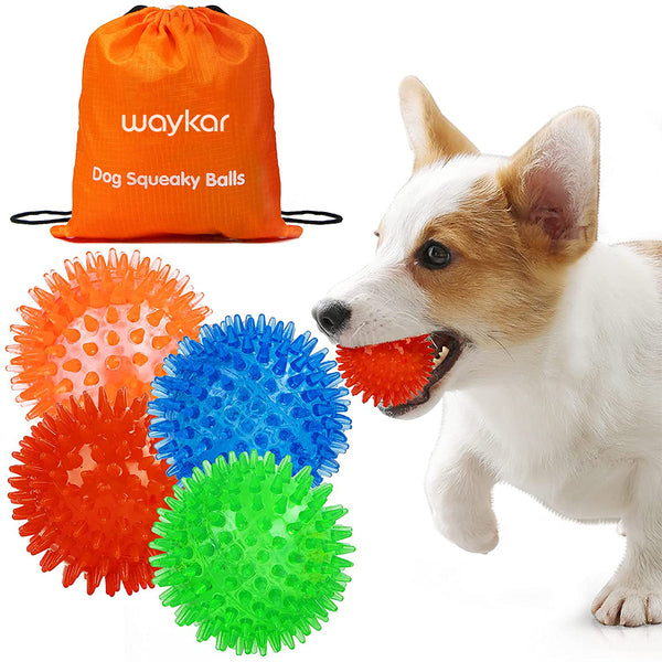 Waykar Puppy Toys Squeaky Balls for Dogs, 4 PCS Durable Dog Toy Balls with High Bounce, TPR Soft Stab Puppy Chew Toys Balls Interactive Dog Toys for Small Medium Pet Dogs