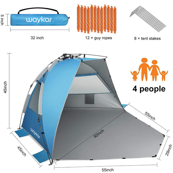 Waykar X-Large 4 Person Beach Tent Sun Shelter - Portable Sun Shade Instant Tent for Beach with Carrying Bag, Stakes, 6 Sand Pockets, Anti UV for Fishing Hiking Camping, Waterproof Windproof, Blue