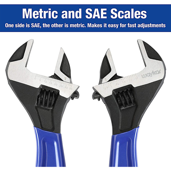 Waykar 2-piece Adjustable Wrench Set, 6-Inch & 10-Inch, Extra-Wide Jaw Black Oxide Wrench, Metric & SAE Scales, for Home, Garage, Workshop and DIY